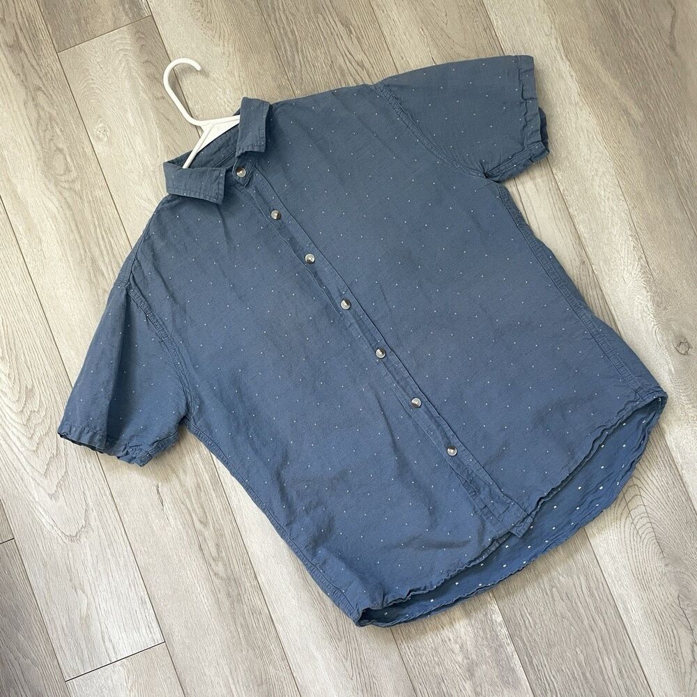 Mollusk Buttonup Shirt cotton linen embroidered short sleeve mens Blue (medium)
